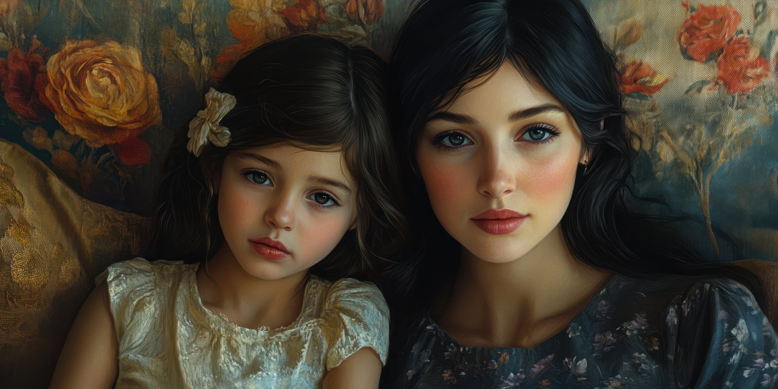 Portrait of a mother and daughter in a cozy, floral-themed setting during the afternoon
